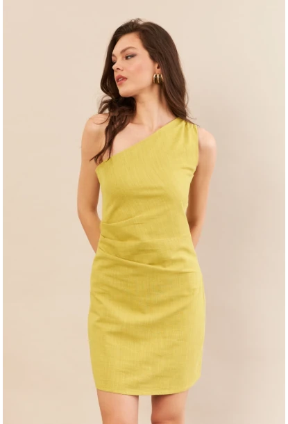 Kadın Yağ Yeşili Tek Omuz Astarlı Mini Keten Elbise AYD416