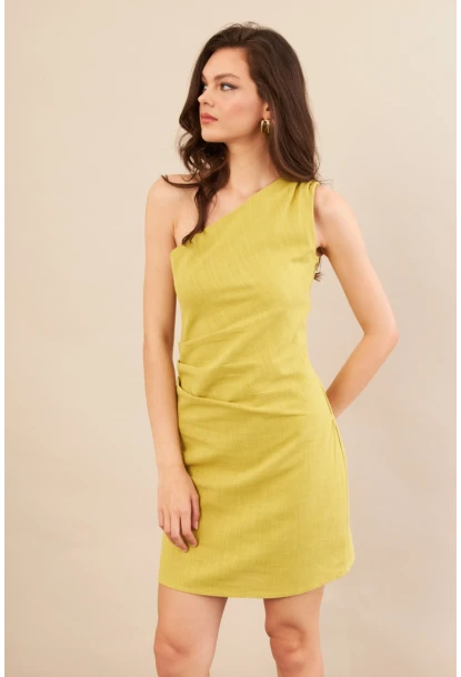 Kadın Yağ Yeşili Tek Omuz Astarlı Mini Keten Elbise AYD416