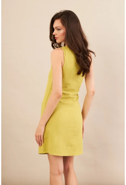 Kadın Yağ Yeşili Tek Omuz Astarlı Mini Keten Elbise AYD416