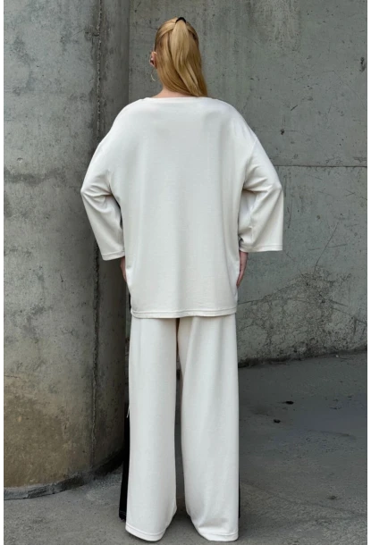 Kadın Yanları Şerit Detay Alt Üst Takım Beyaz
