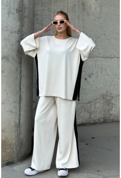 Kadın Yanları Şerit Detay Alt Üst Takım Beyaz