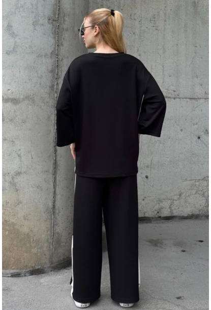 Kadın Yanları Şerit Detay Alt Üst Takım Siyah