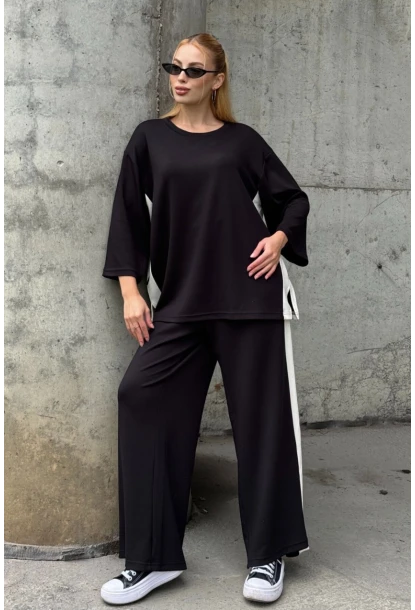 Kadın Yanları Şerit Detay Alt Üst Takım Siyah