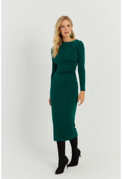 Kadın Yeşil Büzgülü Buzi Midi Elbise KED147