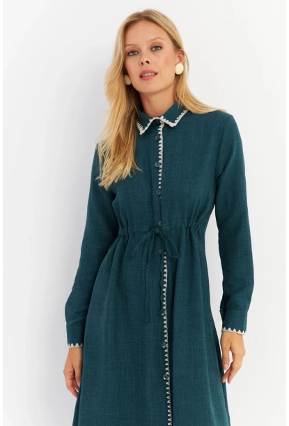 Kadın Yeşil Garnili Gömlek Midi Elbise MASF10