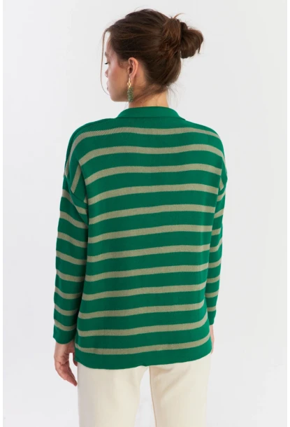 Kadın Yeşil-Gri Polo Yaka Çizgili Triko Kazak COL01