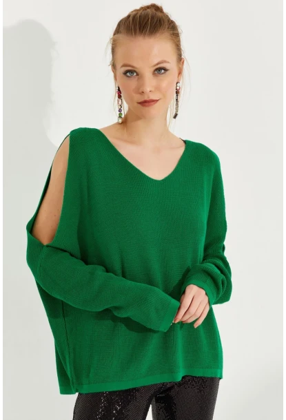 Kadın Yeşil Kolu Yırtmaçlı Triko Bluz SMT221