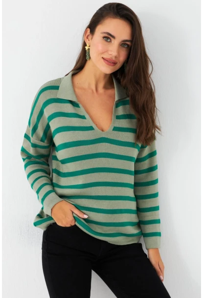 Kadın Yeşil Polo Yaka Çizgili Triko Kazak SE01
