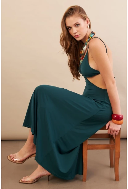 Kadın Zümrüt Yeşil Sırtı Açık Halter Yaka Midi Elbise AN7036