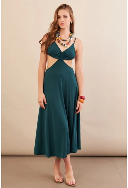 Kadın Zümrüt Yeşil Sırtı Açık Halter Yaka Midi Elbise AN7036