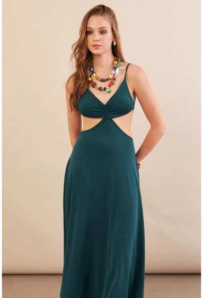 Kadın Zümrüt Yeşil Sırtı Açık Halter Yaka Midi Elbise AN7036