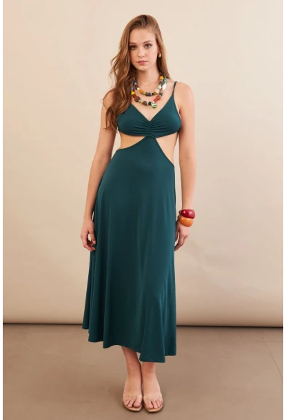 Kadın Zümrüt Yeşil Sırtı Açık Halter Yaka Midi Elbise AN7036
