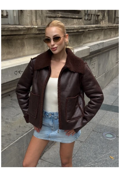 Kahverengi Çift Cepli İçi Suni Kürklü Biker Mont