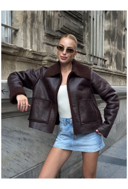 Kahverengi Çift Cepli İçi Suni Kürklü Biker Mont