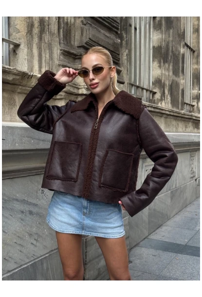Kahverengi Çift Cepli İçi Suni Kürklü Biker Mont
