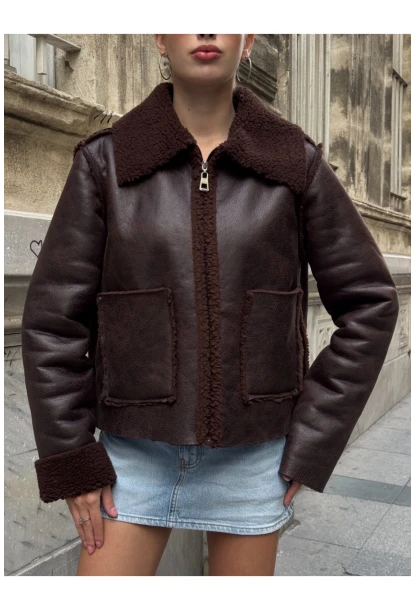 Kahverengi Çift Cepli İçi Suni Kürklü Biker Mont
