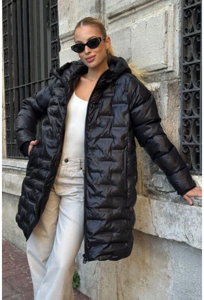 Kapitoneli Fermuarlı Kapüşonlu Uzun Şişme Mont