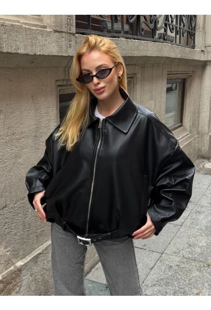 Kemerli Yarasa Kol Deri Ceket