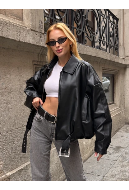 Kemerli Yarasa Kol Deri Ceket