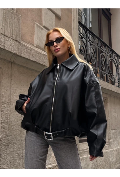 Kemerli Yarasa Kol Deri Ceket