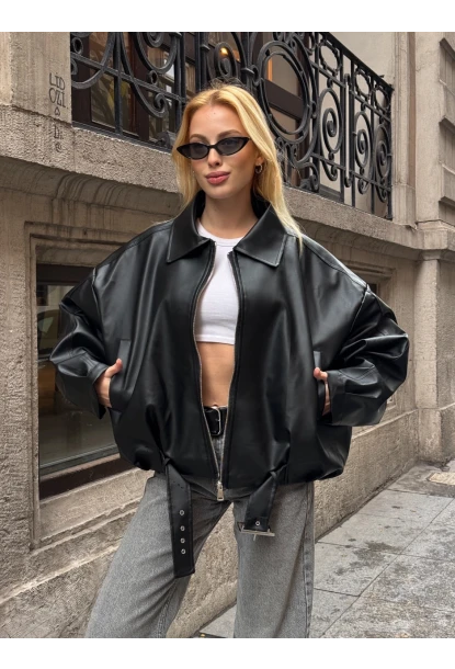 Kemerli Yarasa Kol Deri Ceket