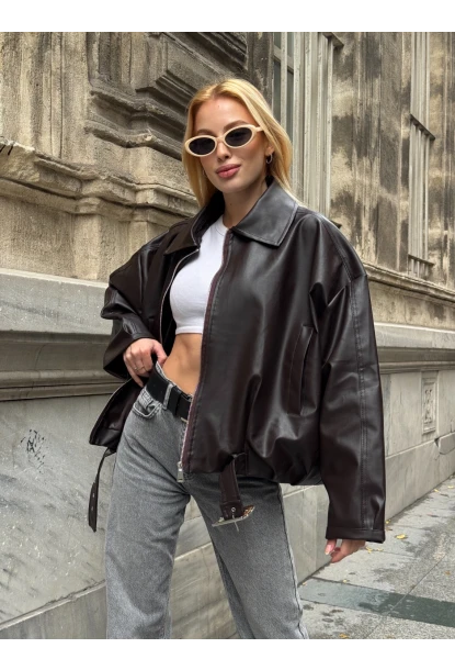 Kemerli Yarasa Kol Deri Ceket