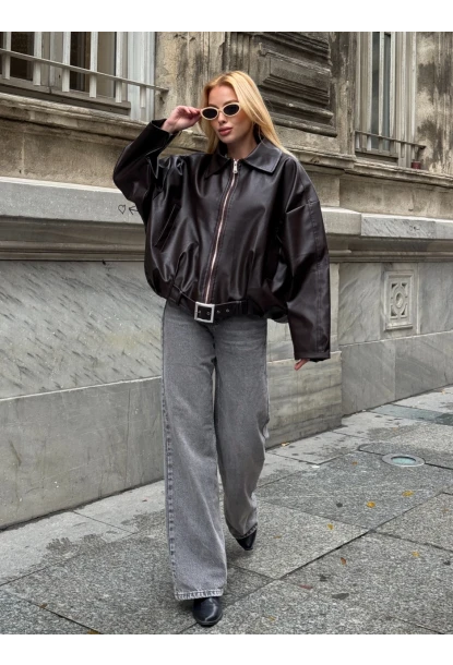 Kemerli Yarasa Kol Deri Ceket