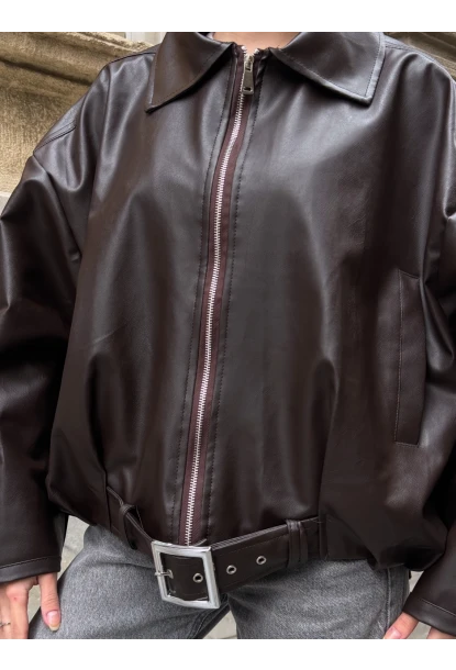 Kemerli Yarasa Kol Deri Ceket