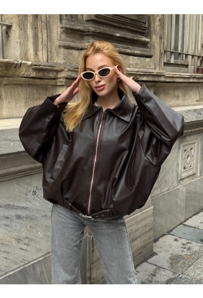 Kemerli Yarasa Kol Deri Ceket