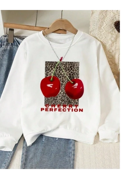 Kiraz Baskılı Oversize 3 İplik Sweat Beyaz