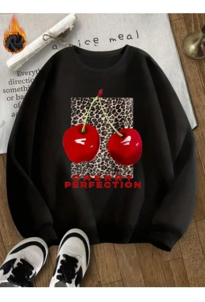 Kiraz Baskılı Oversize 3 İplik Sweat Siyah