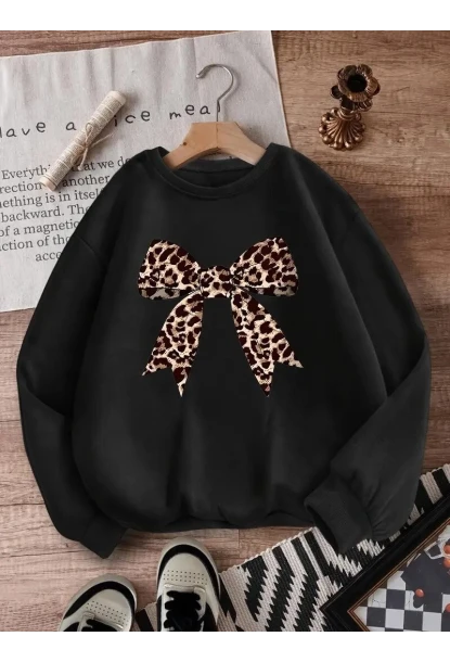 Leopar Fiyonk Baskılı 3Üç İplik Oversize Sweatshirt