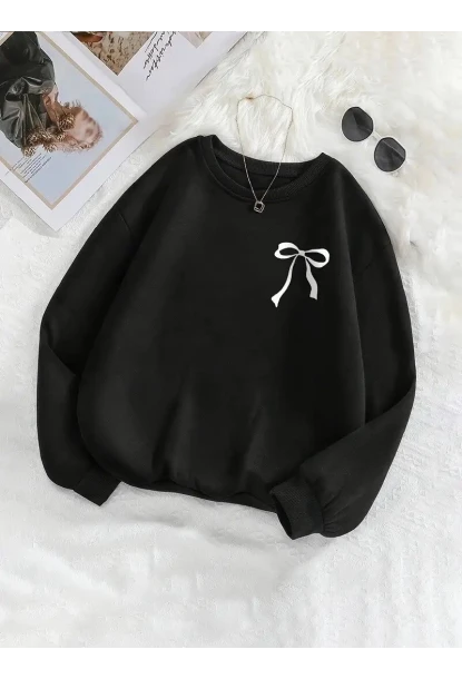 Minimal Fiyonk Baskılı Üç İplik Siyah Sweatshirt