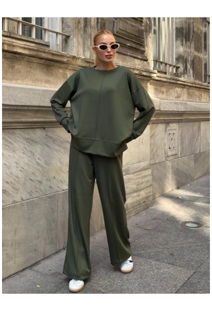Modal Kumaş Haki Oversize Sweat İkili Takım