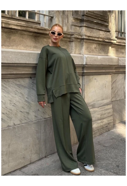 Modal Kumaş Haki Oversize Sweat İkili Takım