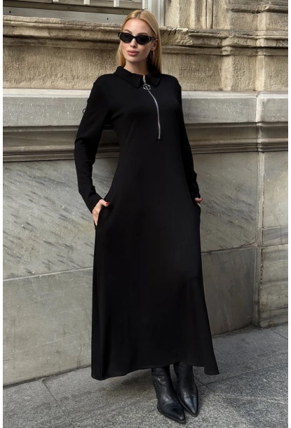 Polo Yaka Fermuarlı Çift Cep Rahat Kesim Elbise