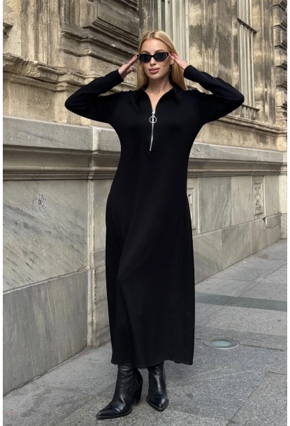 Polo Yaka Fermuarlı Çift Cep Rahat Kesim Elbise