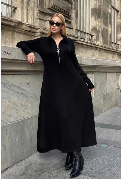 Polo Yaka Fermuarlı Çift Cep Rahat Kesim Elbise