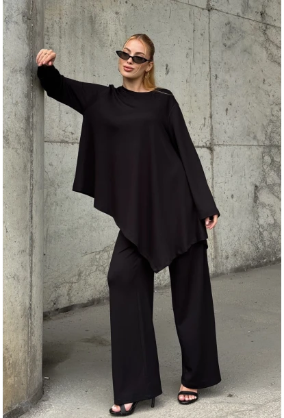 Rahat Kalıp Asimetrik Bluz Ve Pantolon Modal Kumaş Takım Siyah