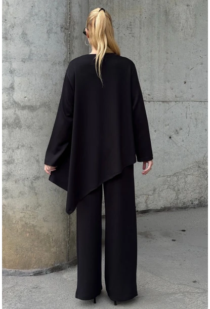 Rahat Kalıp Asimetrik Bluz Ve Pantolon Modal Kumaş Takım Siyah