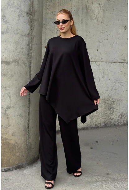 Rahat Kalıp Asimetrik Bluz Ve Pantolon Modal Kumaş Takım Siyah
