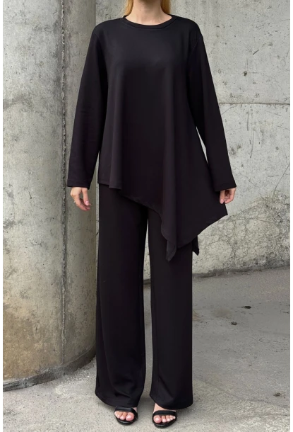 Rahat Kalıp Asimetrik Bluz Ve Pantolon Modal Kumaş Takım Siyah