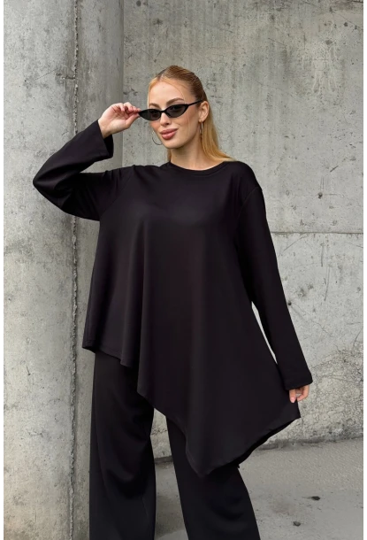 Rahat Kalıp Asimetrik Bluz Ve Pantolon Modal Kumaş Takım Siyah