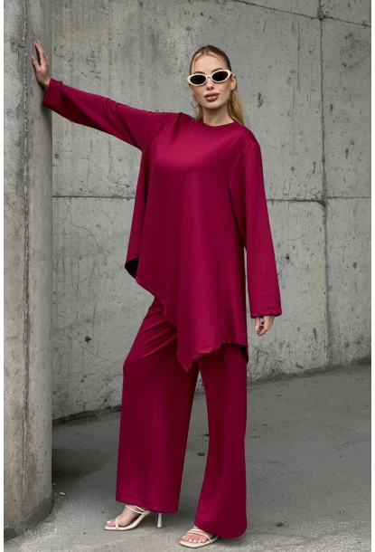 Rahat Kalıp Asimetrik Bluz Ve Pantolon Modal Kumaş Takım Bordo