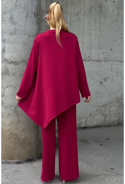 Rahat Kalıp Asimetrik Bluz Ve Pantolon Modal Kumaş Takım Bordo
