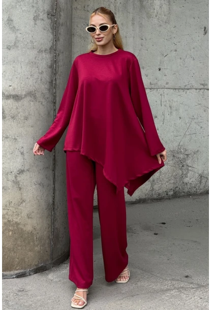 Rahat Kalıp Asimetrik Bluz Ve Pantolon Modal Kumaş Takım Bordo
