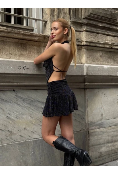 Simli Kumaş Sırt Dekolteli Crop Bluz