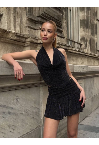 Simli Kumaş Sırt Dekolteli Crop Bluz