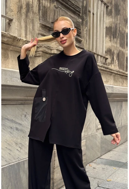 Siyah Cep Detay 2 İplik Kumaş Bluz ve Pantalon Alt Üst Takım