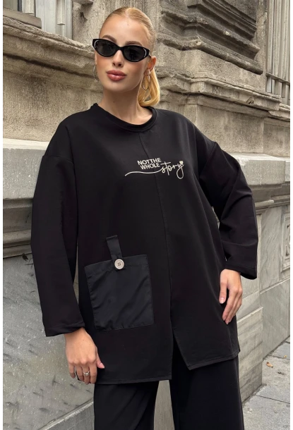 Siyah Cep Detay 2 İplik Kumaş Bluz ve Pantalon Alt Üst Takım